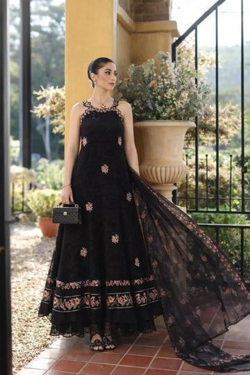 Saadia Asad Lunaria D5-B black lawn suit with chiffon dupatta Noor Luxury Eid Schiffli ’26