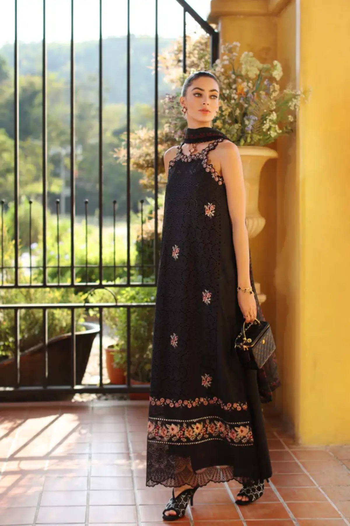 Saadia Asad Lunaria D5-B black lawn suit with chiffon dupatta Noor Luxury Eid Schiffli ’26