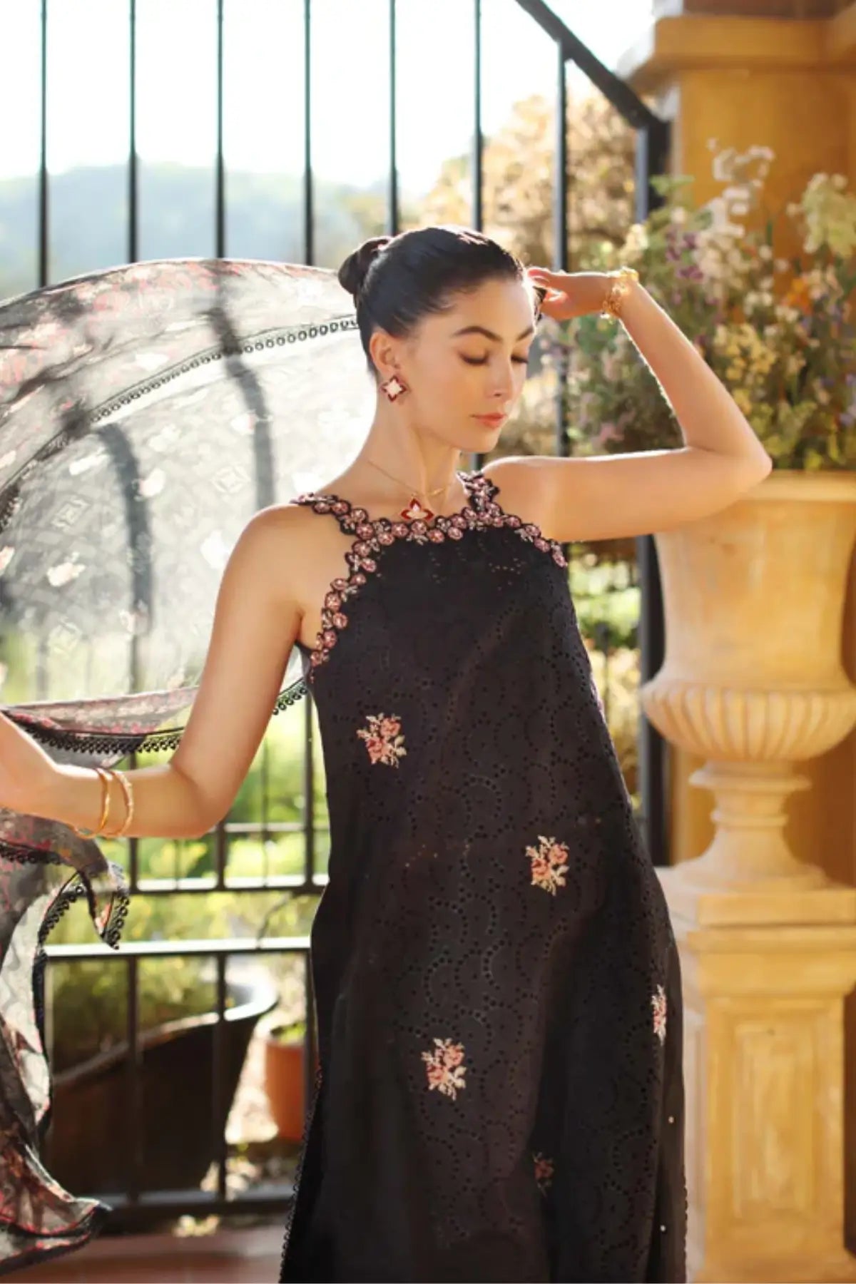 Saadia Asad Lunaria D5-B black lawn suit with chiffon dupatta Noor Luxury Eid Schiffli ’26