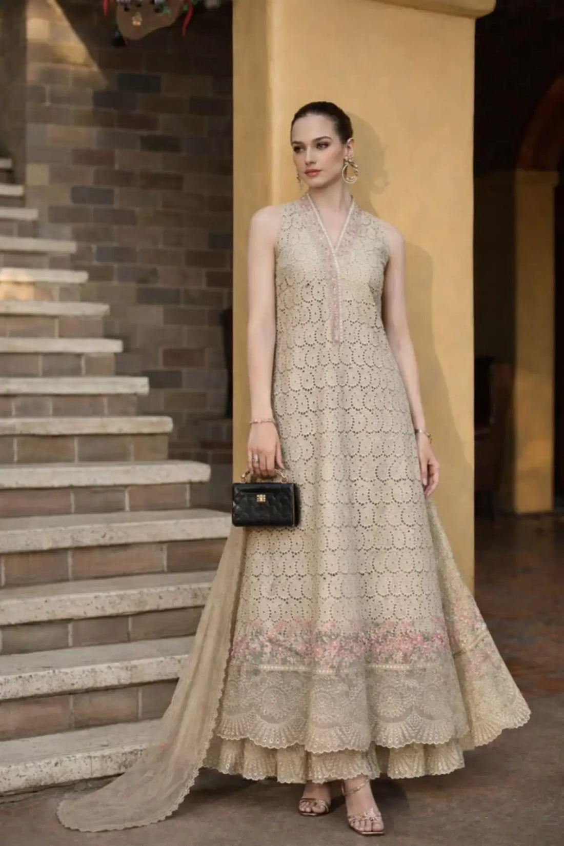 Lunaria D5-A champagne luxury lawn ready suit by Saadia Asad Noor Luxury Eid Schiffli ’26