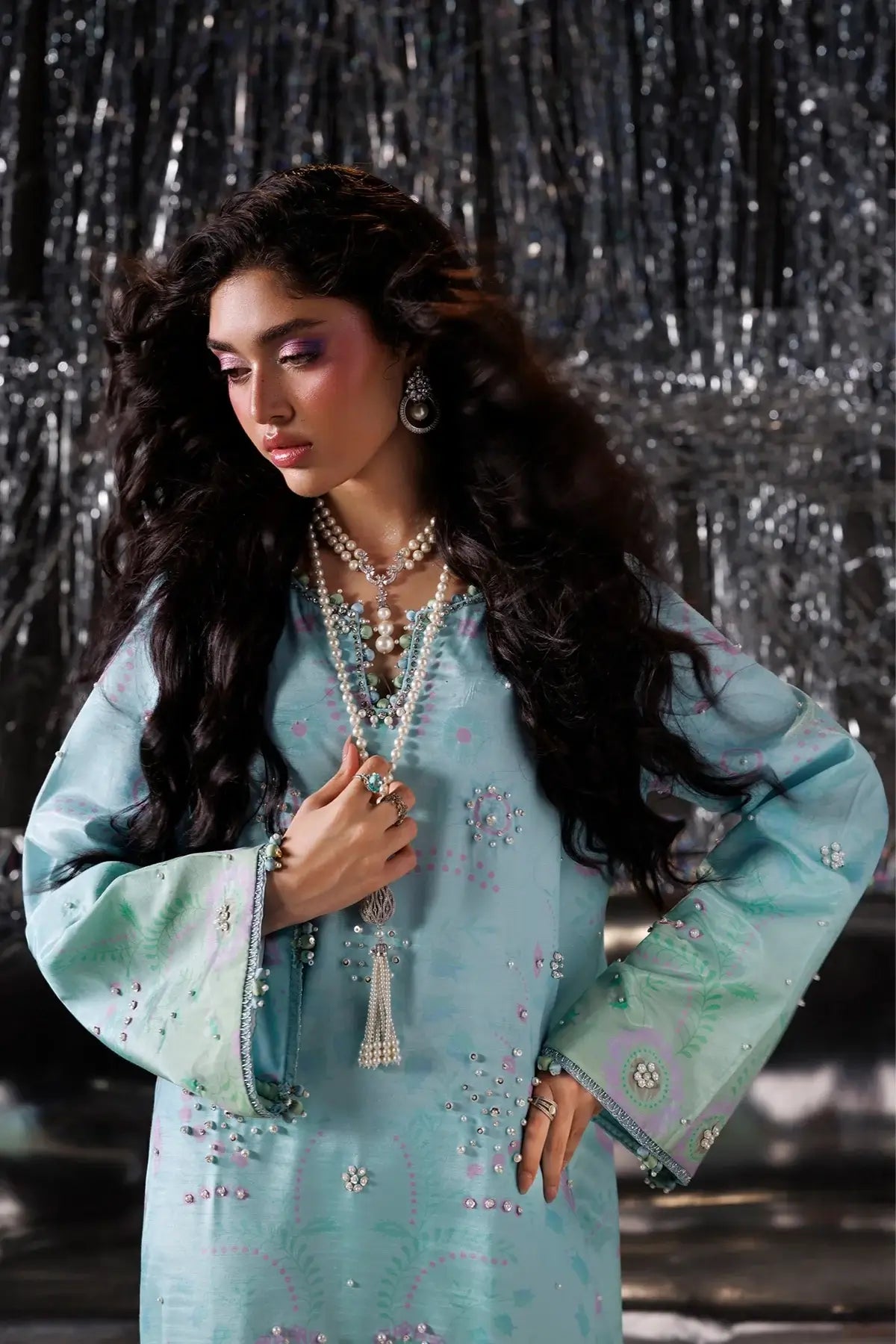 Luvelle light blue raw silk wedding festive stitched Pakistani suit with hand embellishments and printed Tusser silk dupatta