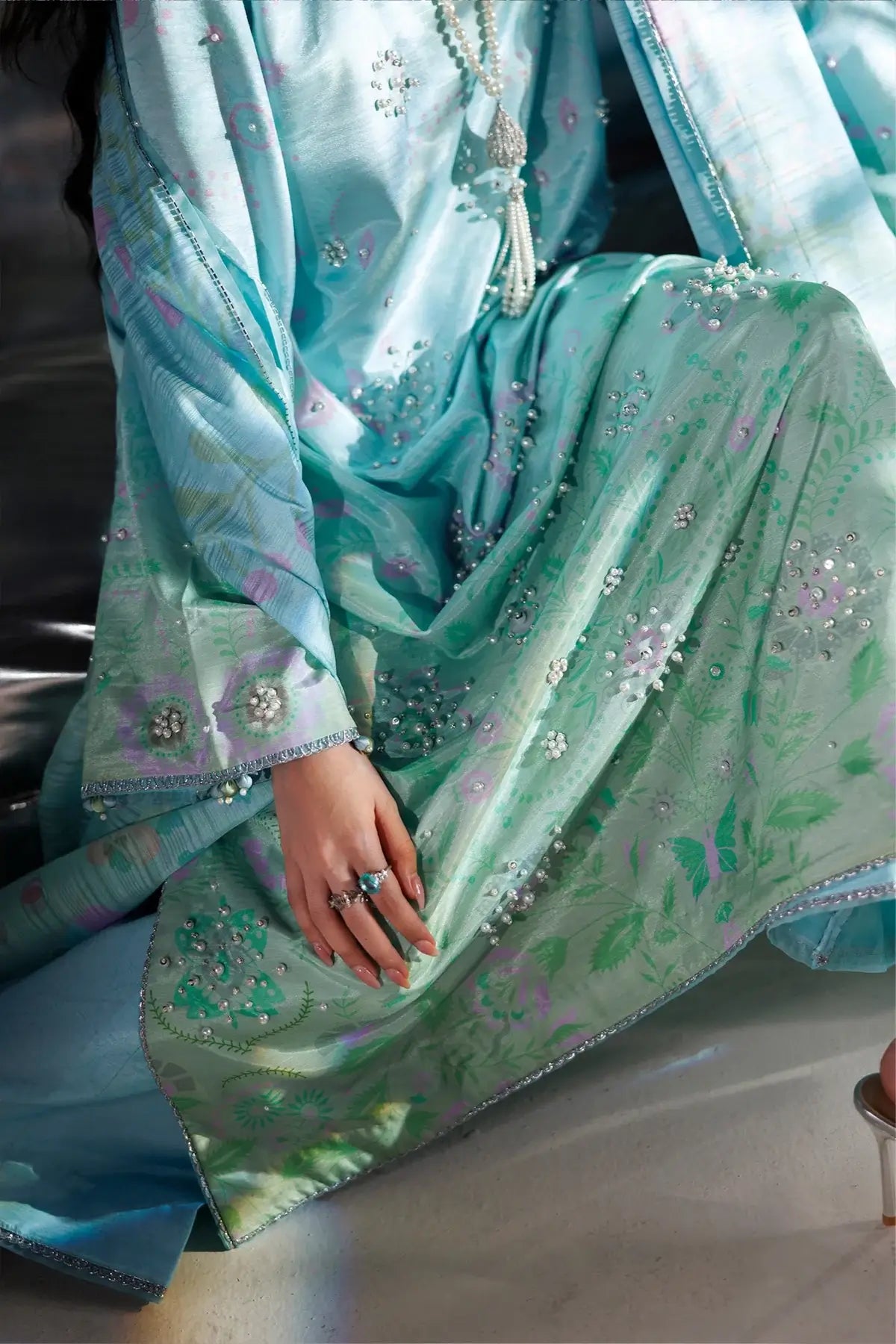 Luvelle light blue raw silk wedding festive stitched Pakistani suit with hand embellishments and printed Tusser silk dupatta