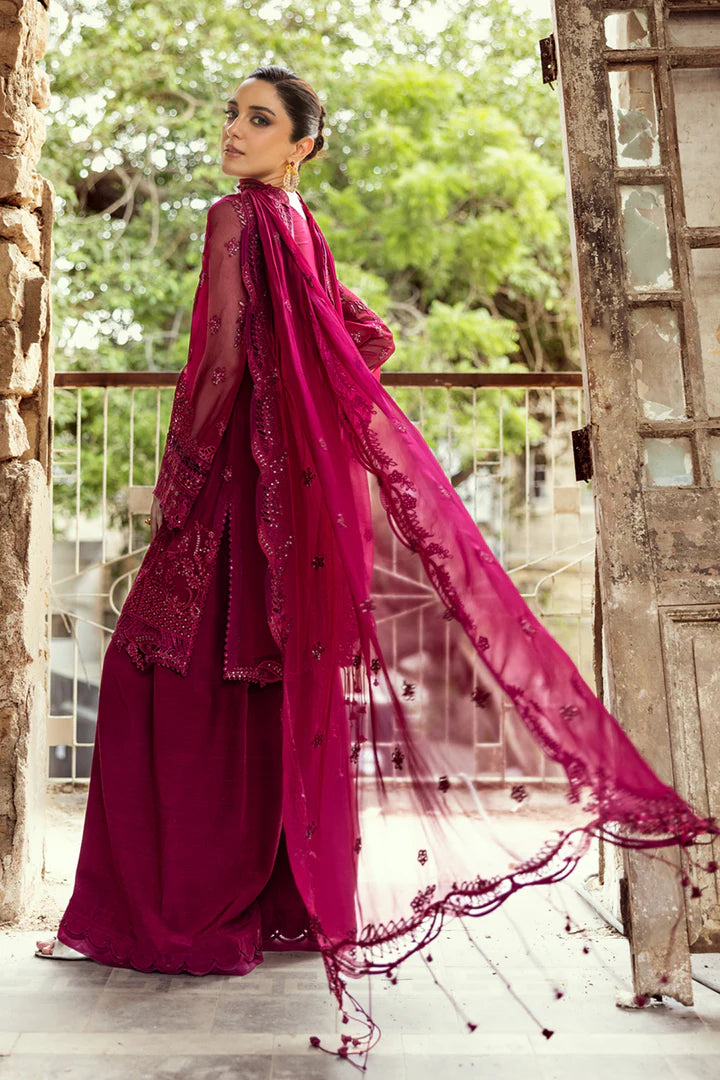 WC-02 SIOFE stitched deep red chiffon suit with chikankari embroidery and dupatta – luxury wedding outfit by Qalamkar available at Pakistanimoda worldwide