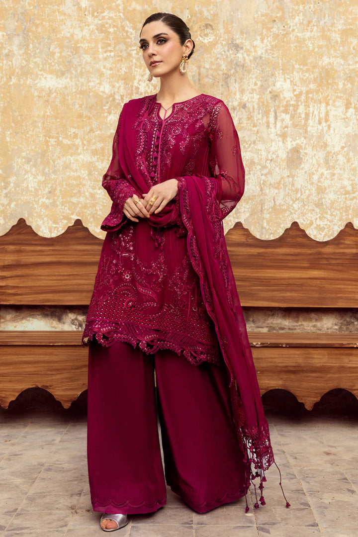WC-02 SIOFE stitched deep red chiffon suit with chikankari embroidery and dupatta – luxury wedding outfit by Qalamkar available at Pakistanimoda worldwide