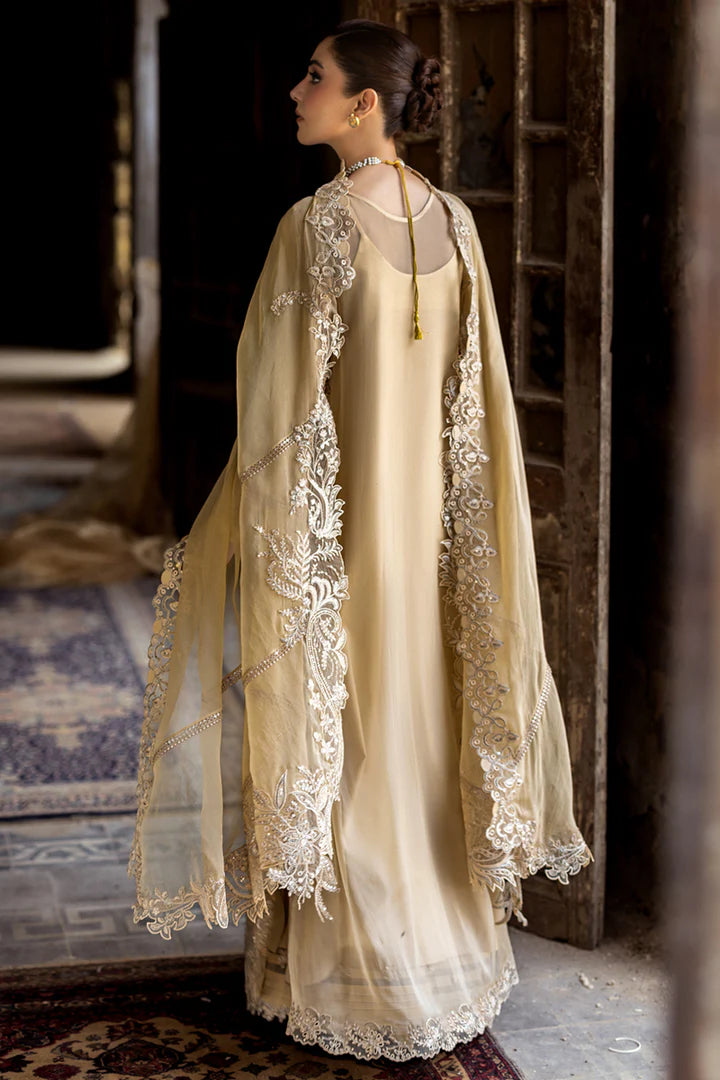Qalamkar WC-07 HEELA luxury stitched gold chiffon outfit with 3D embroidery, chiffon dupatta, and raw silk trouser – available at Pakistanimoda worldwide