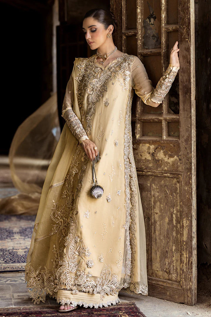 Qalamkar WC-07 HEELA luxury stitched gold chiffon outfit with 3D embroidery, chiffon dupatta, and raw silk trouser – available at Pakistanimoda worldwide
