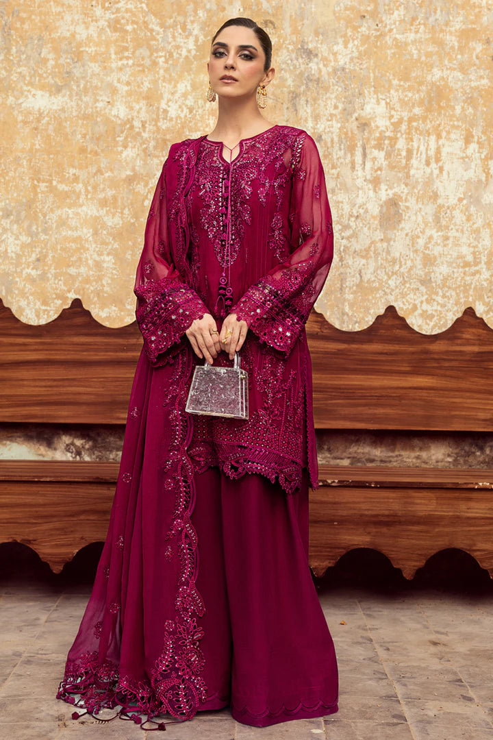 WC-02 SIOFE stitched deep red chiffon suit with chikankari embroidery and dupatta – luxury wedding outfit by Qalamkar available at Pakistanimoda worldwide
