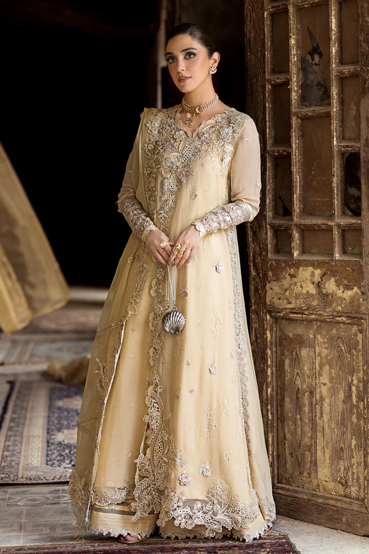 Qalamkar WC-07 HEELA luxury stitched gold chiffon outfit with 3D embroidery, chiffon dupatta, and raw silk trouser – available at Pakistanimoda worldwide