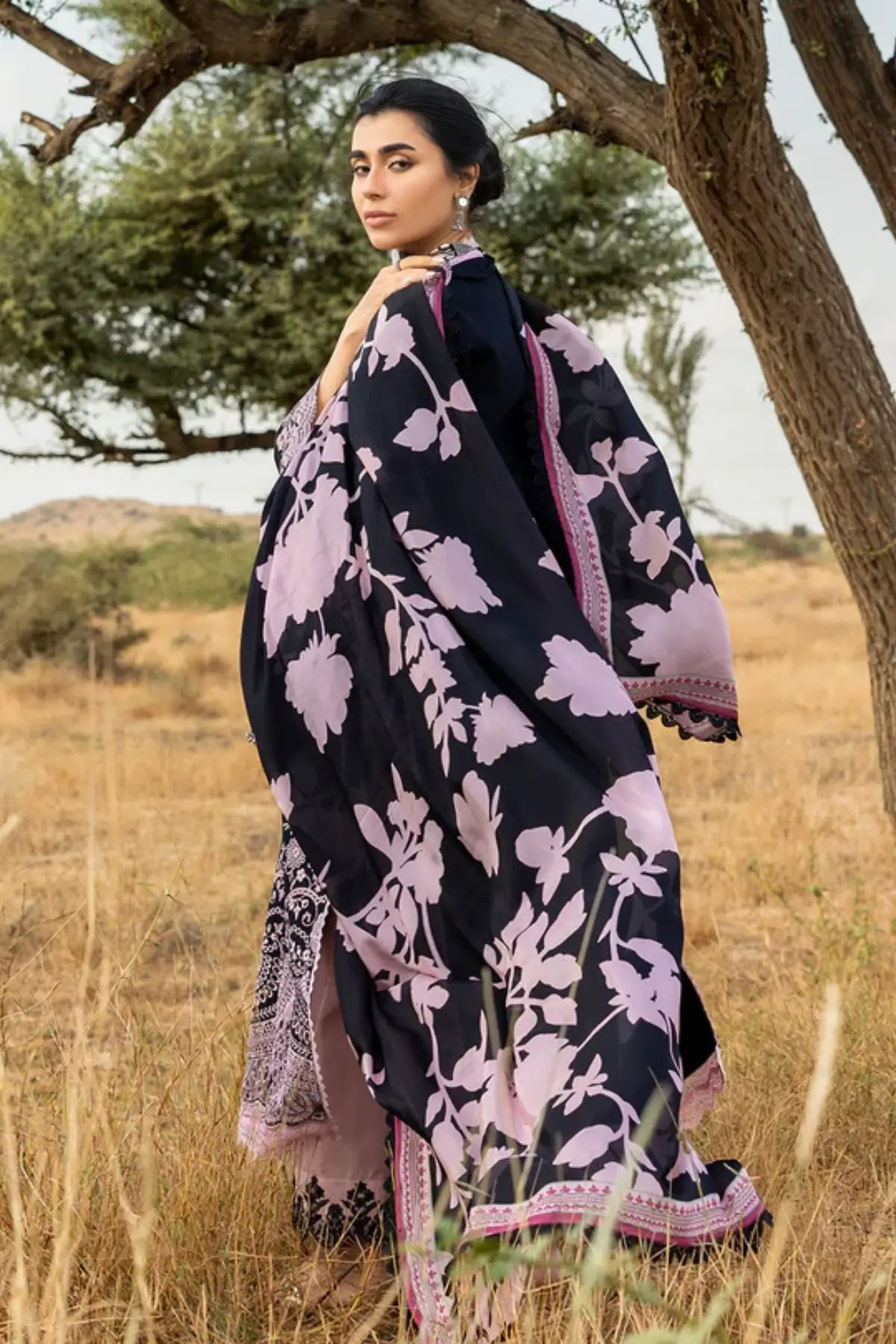 Lyara black lawn 3PC by Zainab Chottani with soft pink embroidery