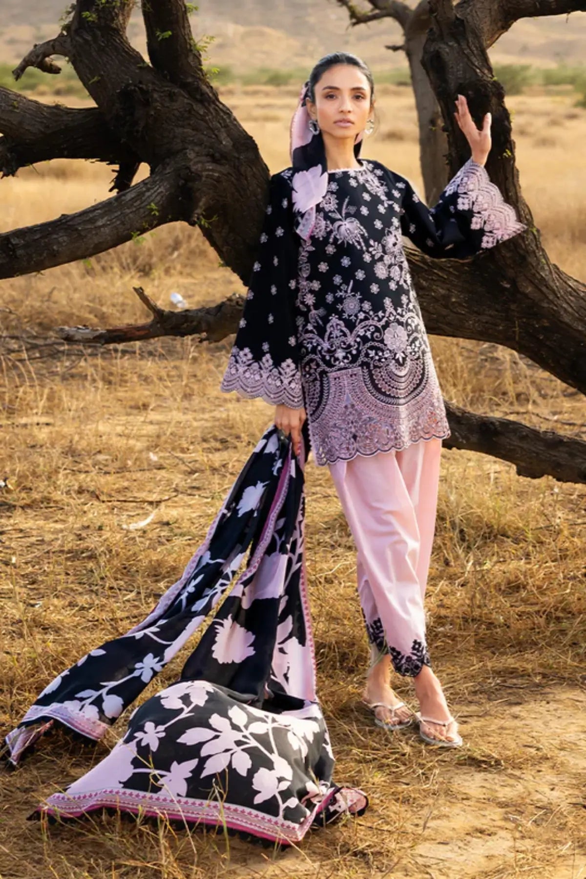 Lyara black lawn 3PC by Zainab Chottani with soft pink embroidery