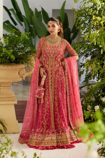 Lyla Fuchsia Pink Handworked Net Pakistani Wedding Pishwas with Gold Zardozi Embroidery, Cotton Brocade Lehenga and Net Dupatta