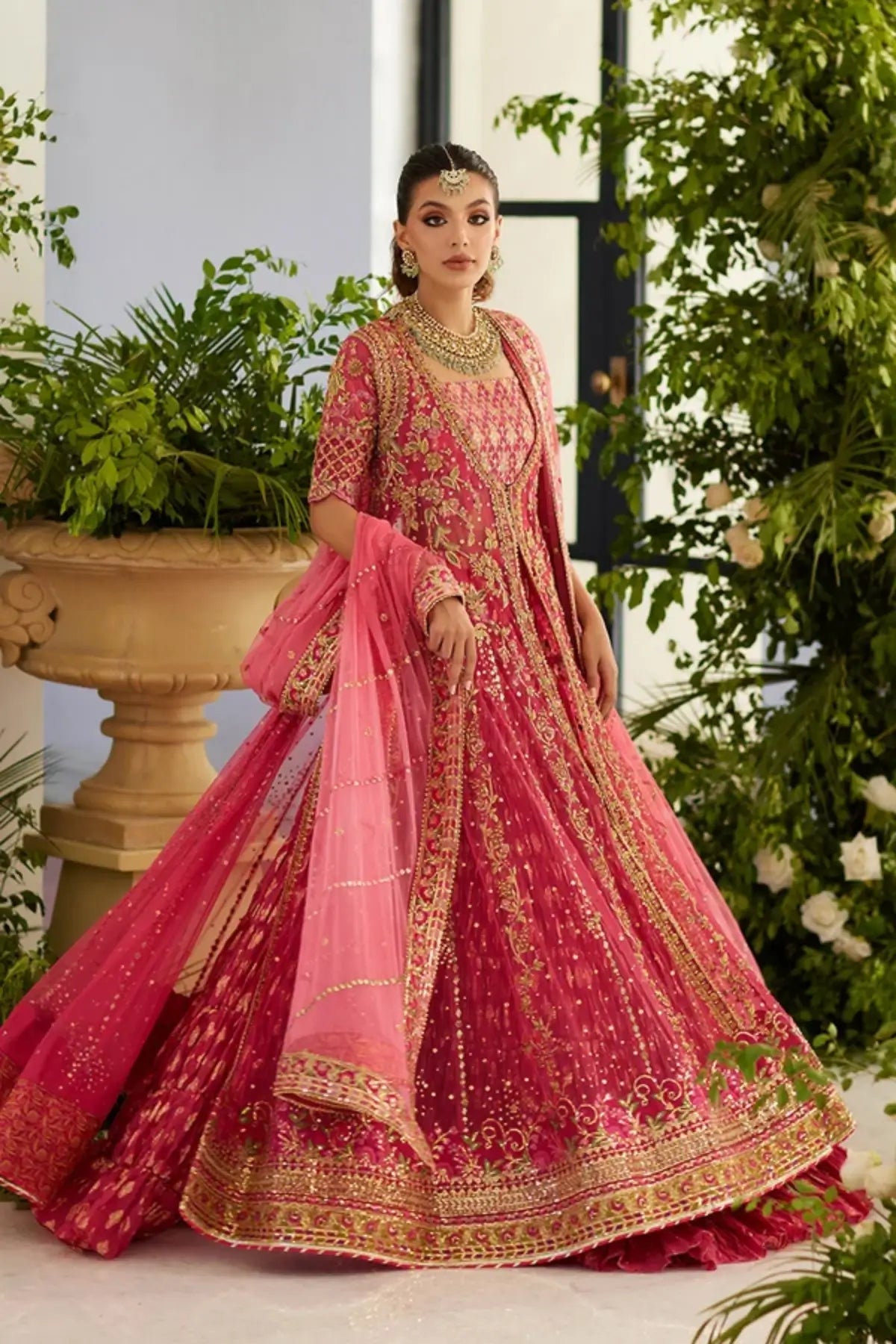 Lyla Fuchsia Pink Handworked Net Pakistani Wedding Pishwas with Gold Zardozi Embroidery, Cotton Brocade Lehenga and Net Dupatta