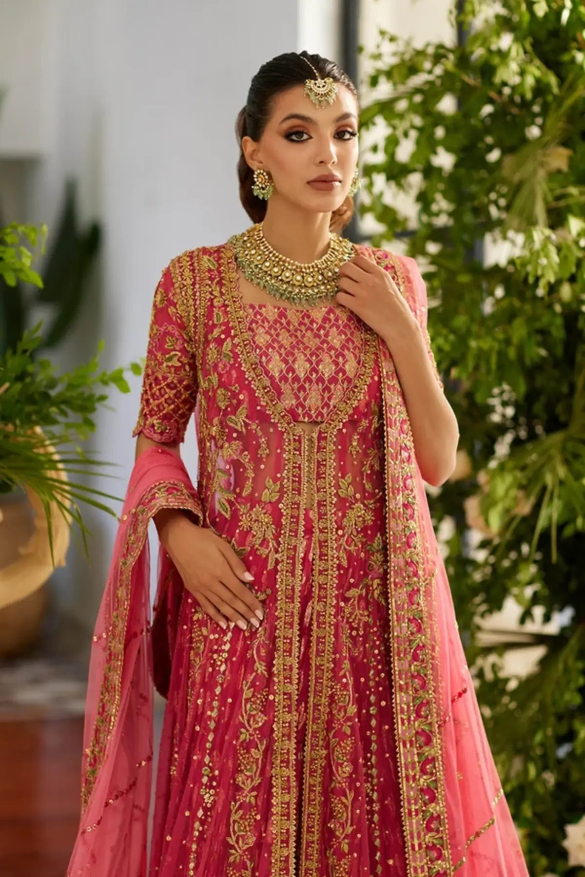 Lyla Fuchsia Pink Handworked Net Pakistani Wedding Pishwas with Gold Zardozi Embroidery, Cotton Brocade Lehenga and Net Dupatta