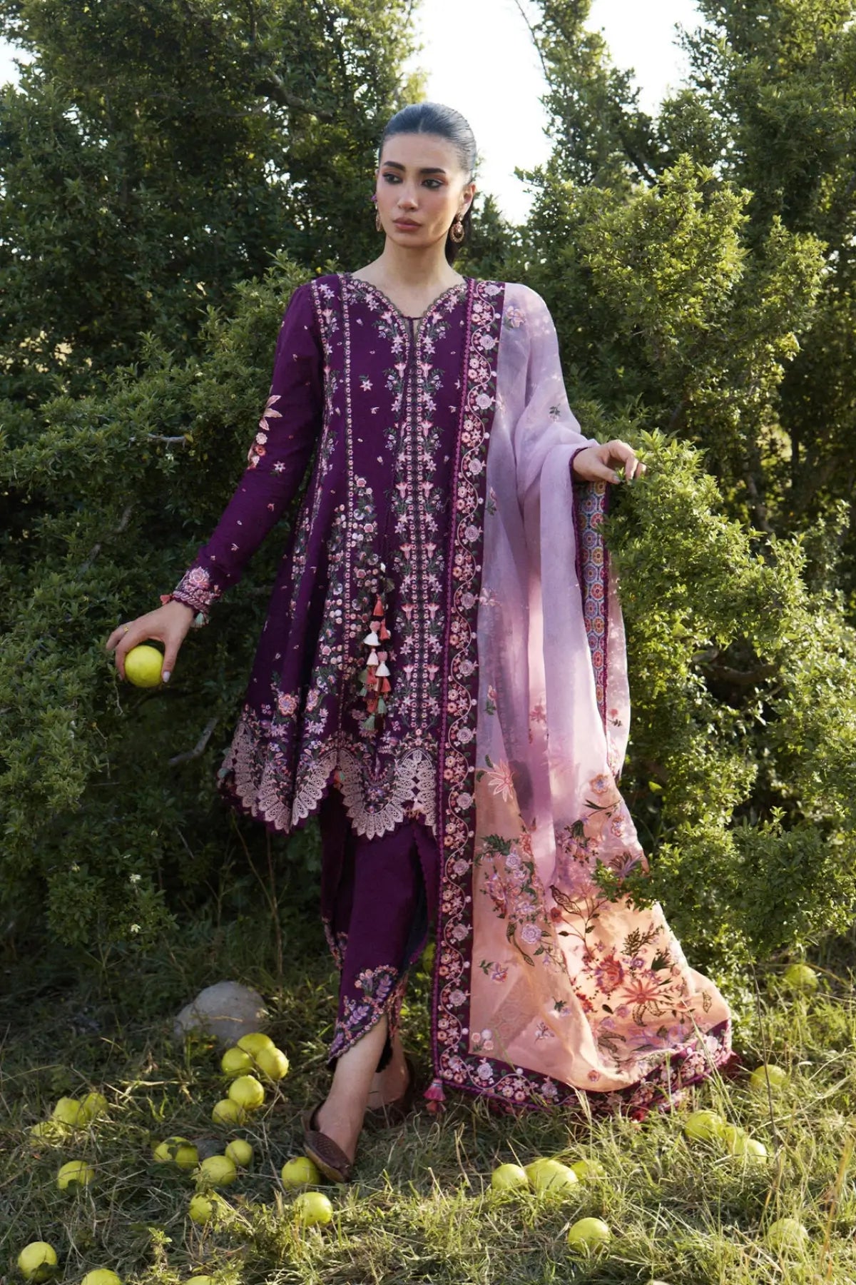 Lyla Hussain Rehar Plum Lawn Stitched Peplum with Tulip Shalwar and Organza Dupatta