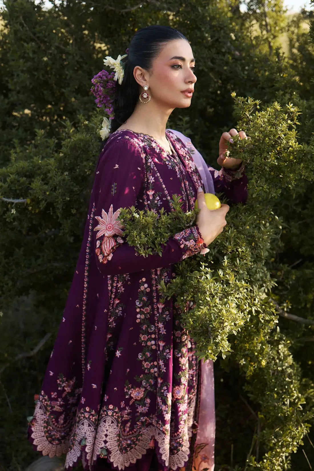 Lyla Hussain Rehar Plum Lawn Stitched Peplum with Tulip Shalwar and Organza Dupatta