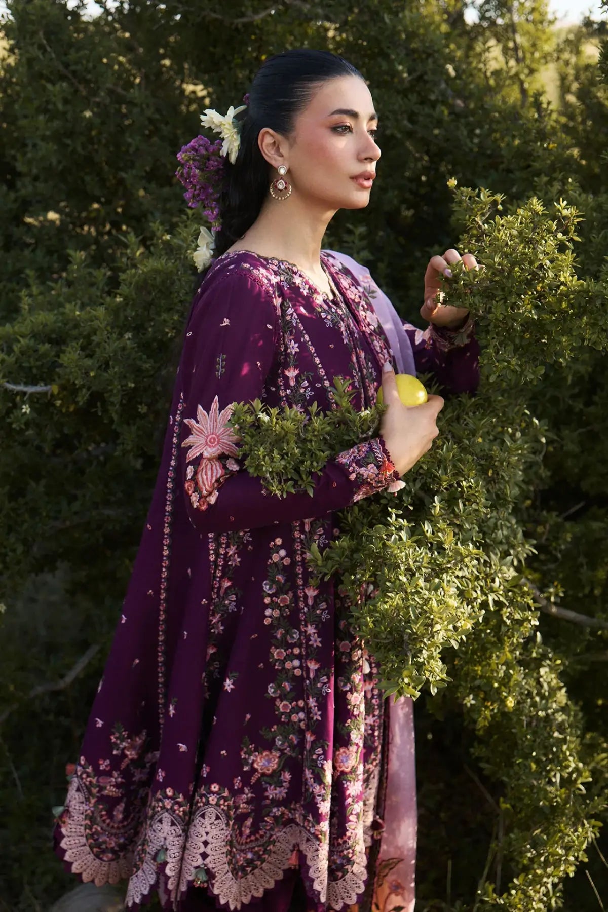 Lyla Hussain Rehar Plum Lawn Stitched Peplum with Tulip Shalwar and Organza Dupatta