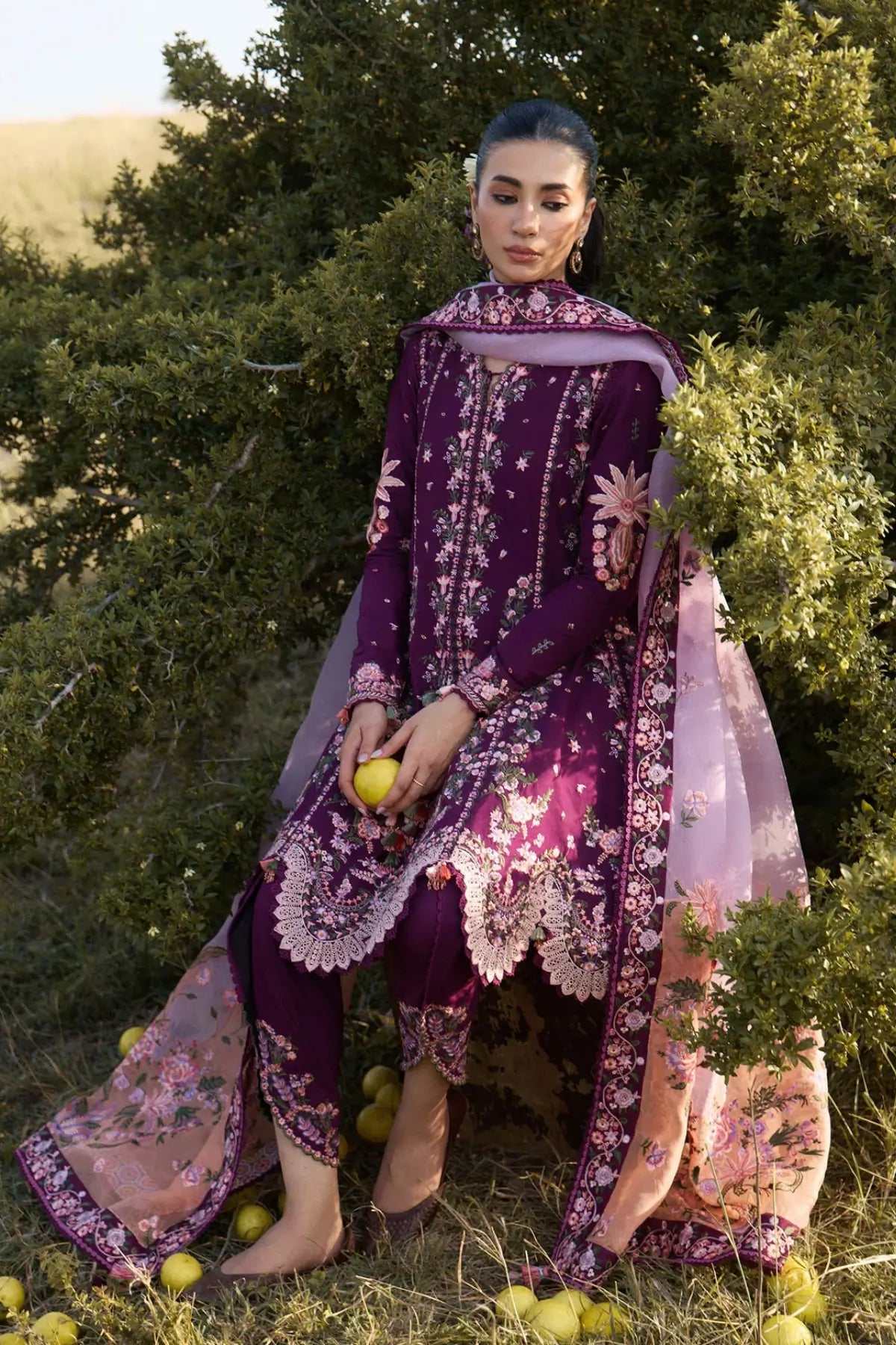 Lyla Hussain Rehar Plum Lawn Stitched Peplum with Tulip Shalwar and Organza Dupatta