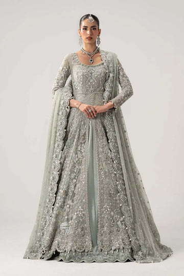 Lyselle aqua luxury bridal Walima net pishwas with tissue frock and net dupatta by Maria B