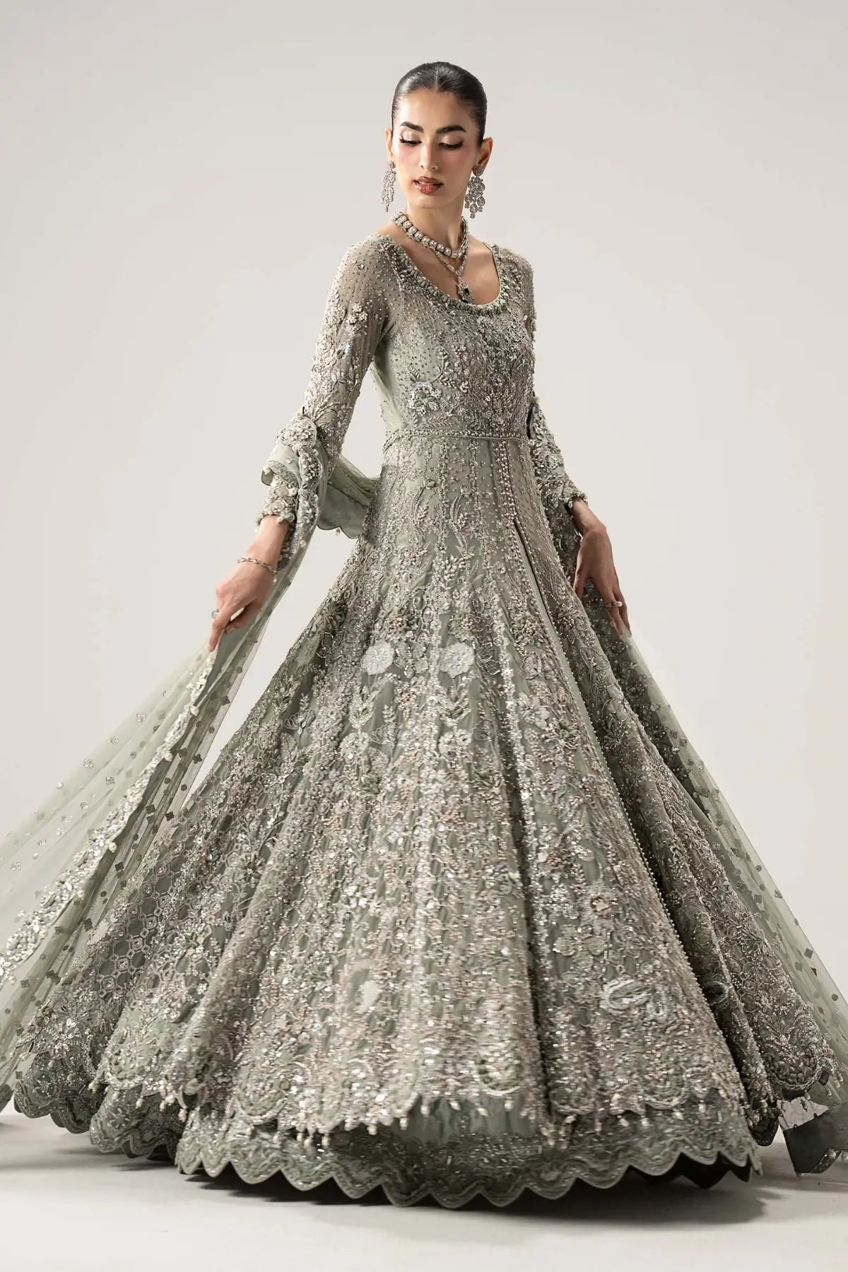 Lyselle aqua luxury bridal Walima net pishwas with tissue frock and net dupatta by Maria B