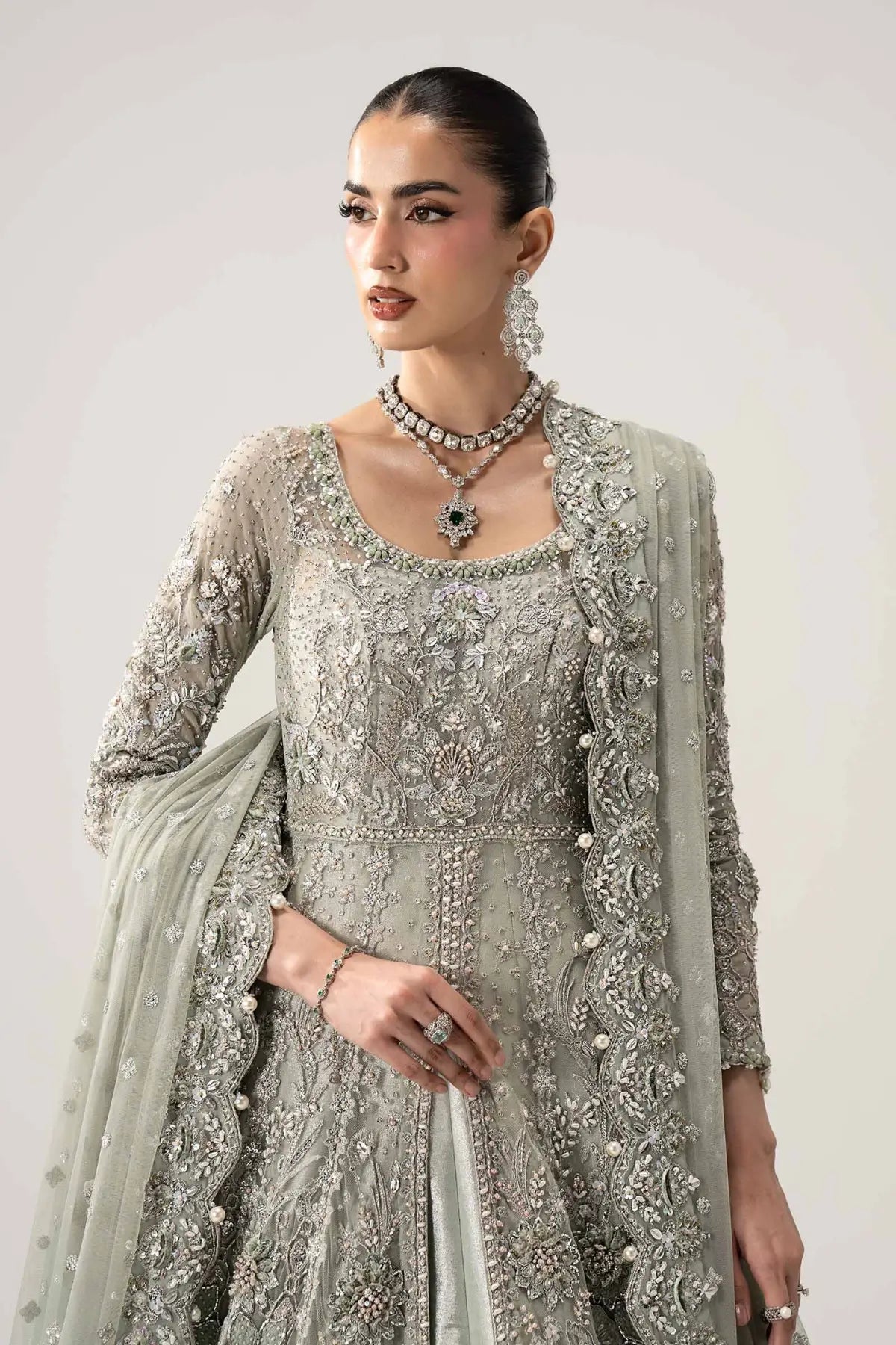 Lyselle aqua luxury bridal Walima net pishwas with tissue frock and net dupatta by Maria B