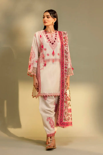 M262-001A white Muzlin stitched suit with embroidered pants and printed woven dupatta