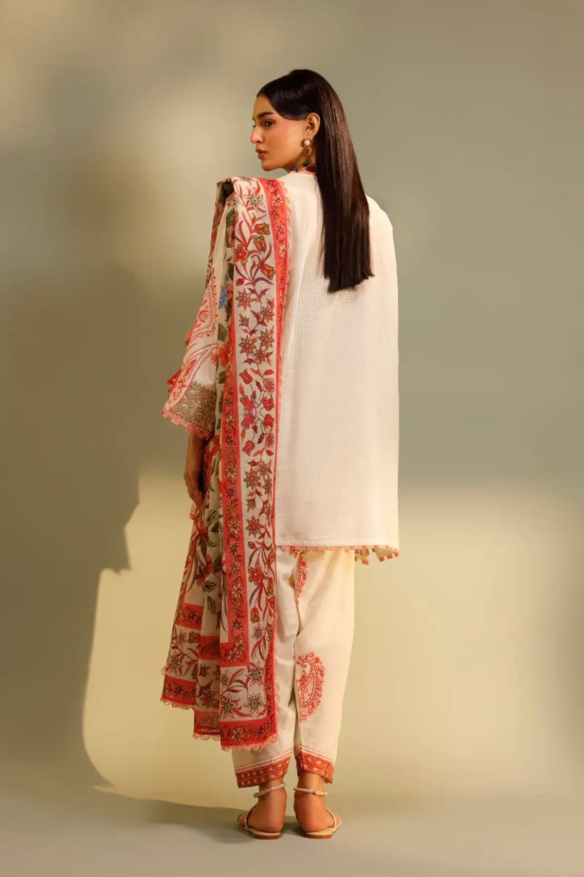 M262-001A white Muzlin stitched suit with embroidered pants and printed woven dupatta