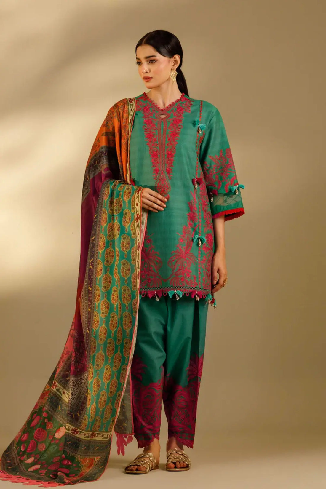 M262-002A teal Sana Safinaz embroidered Muzlin stitched 3 piece suit with printed dupatta for Eid and summer wear