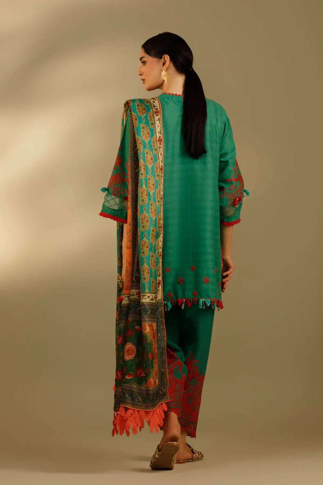 M262-002A teal Sana Safinaz embroidered Muzlin stitched 3 piece suit with printed dupatta for Eid and summer wear