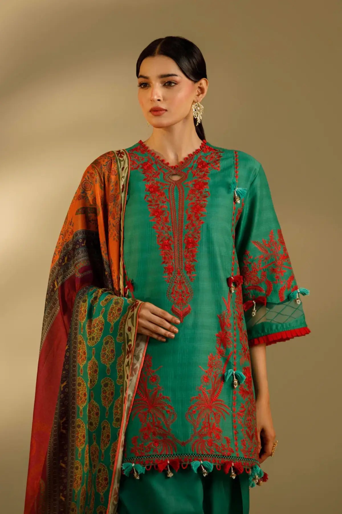 M262-002A teal Sana Safinaz embroidered Muzlin stitched 3 piece suit with printed dupatta for Eid and summer wear