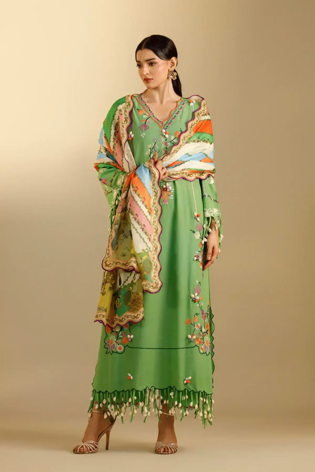 M262-006A green Sana Safinaz Muzlin stitched suit with net dupatta
