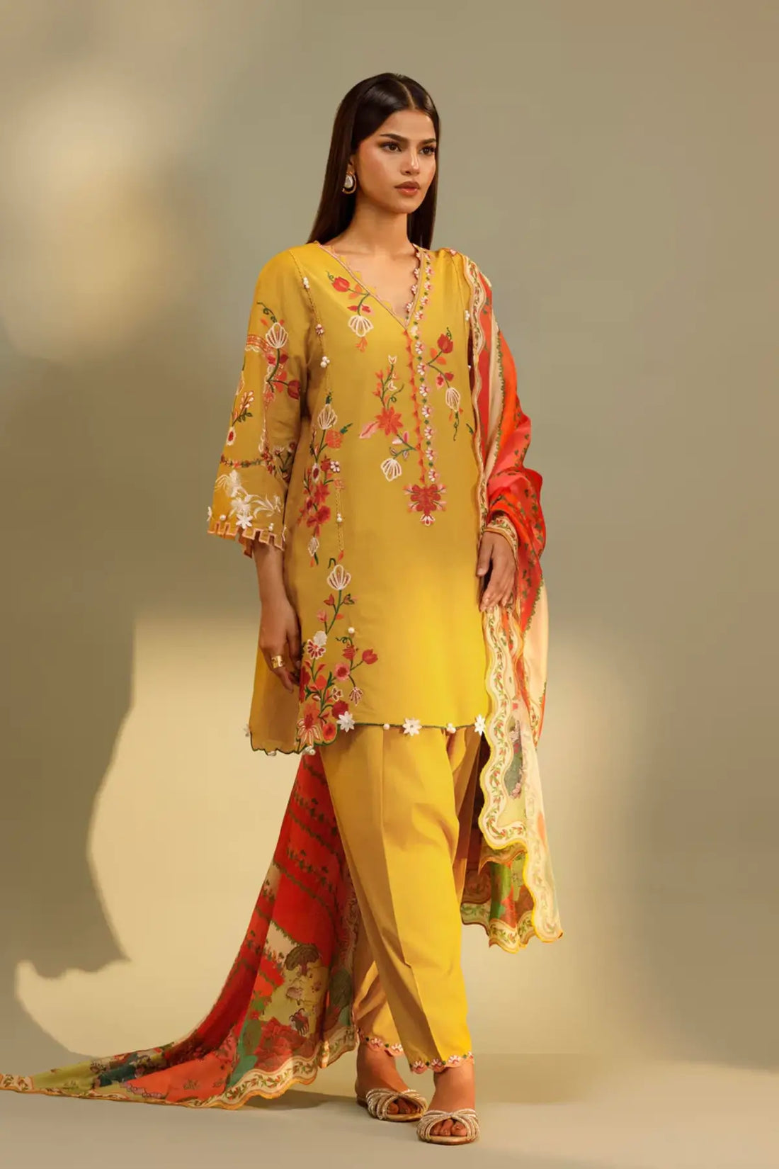 M262-006B mustard Sana Safinaz Muzlin stitched 3 piece suit with embroidered lawn shirt and printed woven net dupatta