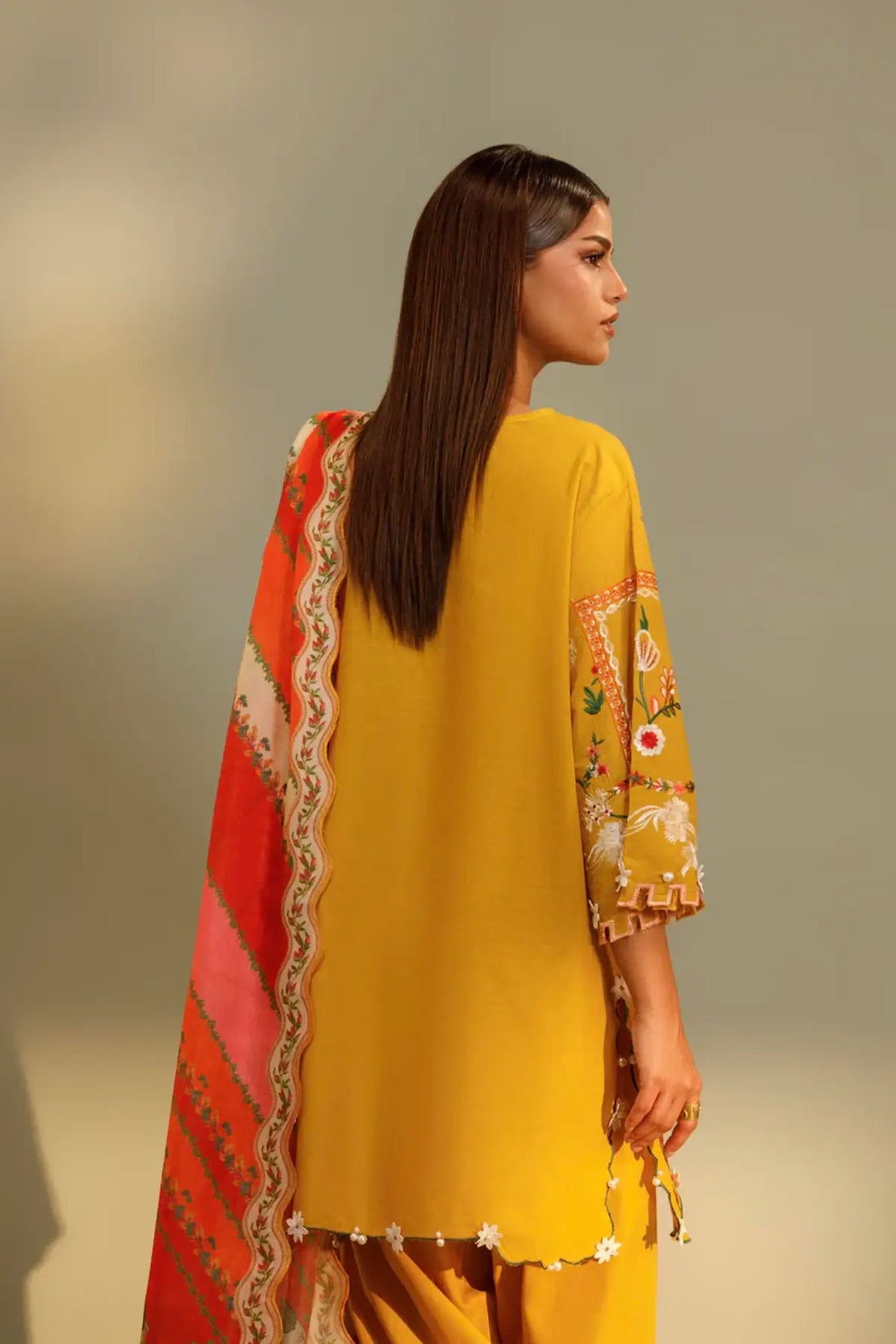M262-006B mustard Sana Safinaz Muzlin stitched 3 piece suit with embroidered lawn shirt and printed woven net dupatta