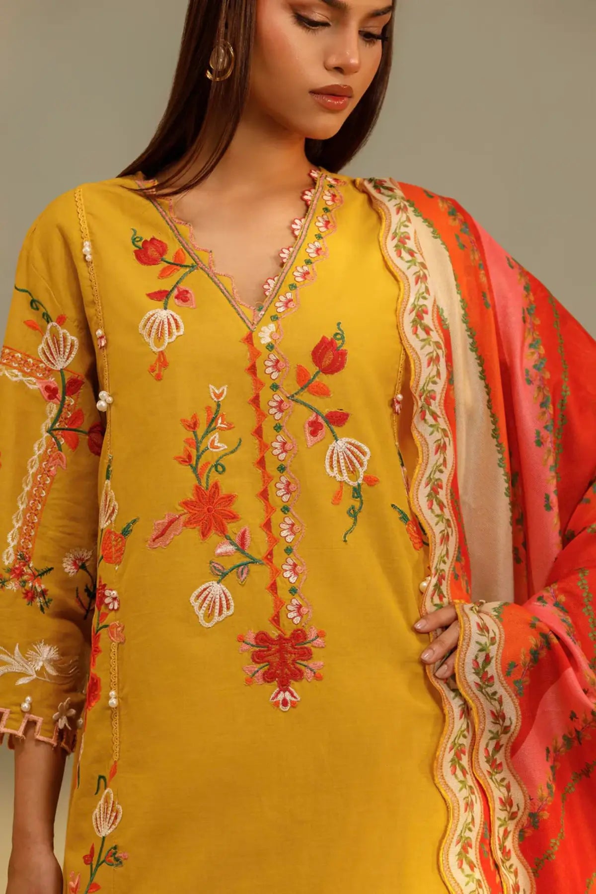 M262-006B mustard Sana Safinaz Muzlin stitched 3 piece suit with embroidered lawn shirt and printed woven net dupatta