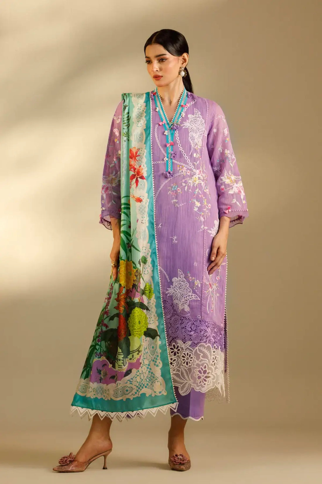 M262-010B lavender Sana Safinaz Muzlin stitched 3 piece suit with embroidered woven net and printed silk dupatta