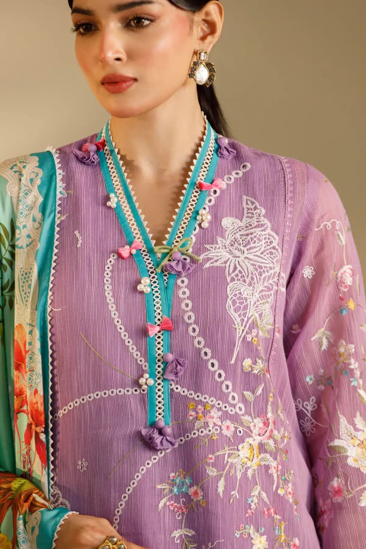 M262-010B lavender Sana Safinaz Muzlin stitched 3 piece suit with embroidered woven net and printed silk dupatta