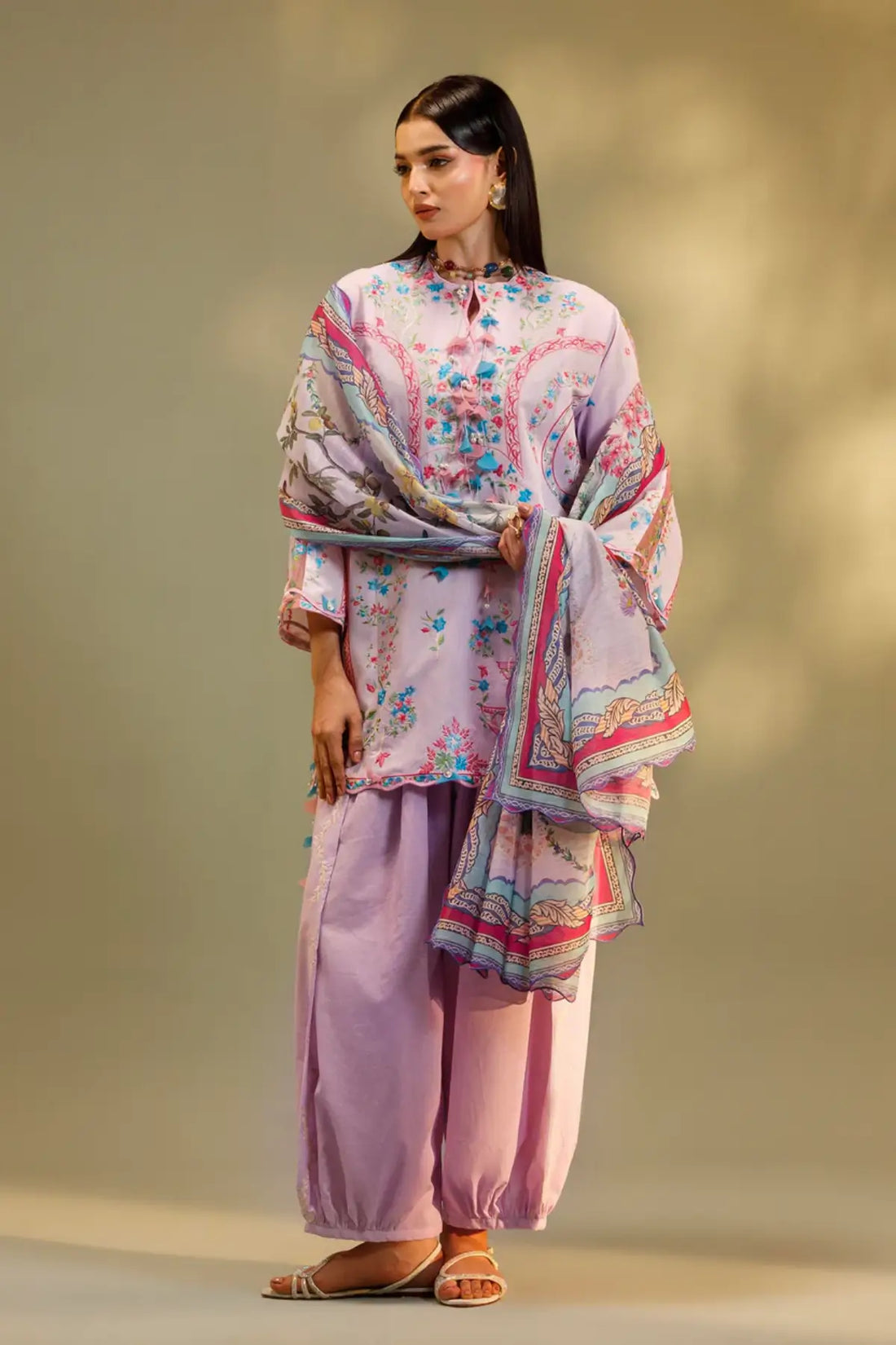 M262-011B lilac Sana Safinaz Muzlin stitched 3PC suit with embroidered chambray shirt and printed poly cotton dupatta