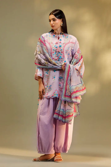 M262-011B lilac Sana Safinaz Muzlin stitched 3PC suit with embroidered chambray shirt and printed poly cotton dupatta