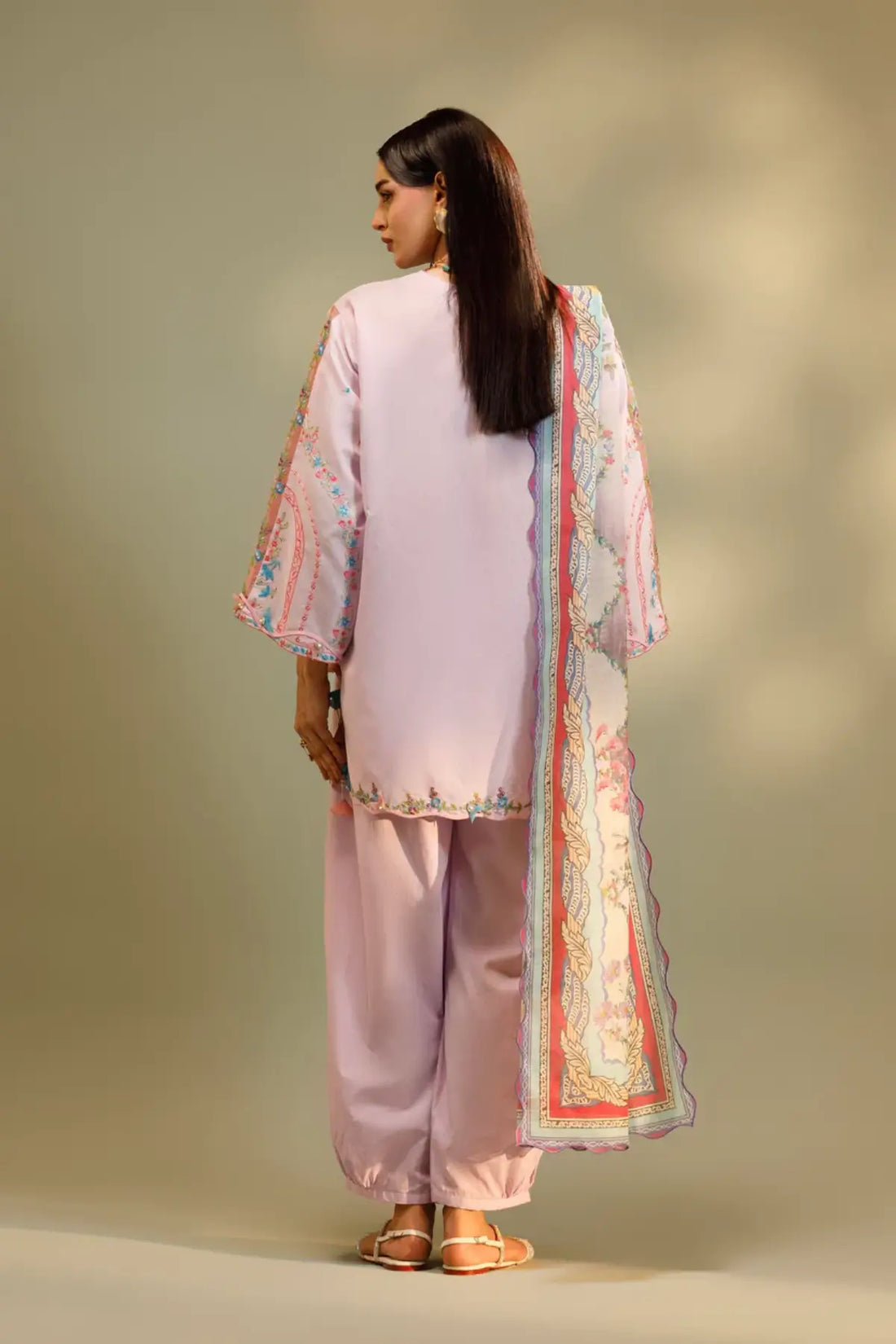 M262-011B lilac Sana Safinaz Muzlin stitched 3PC suit with embroidered chambray shirt and printed poly cotton dupatta