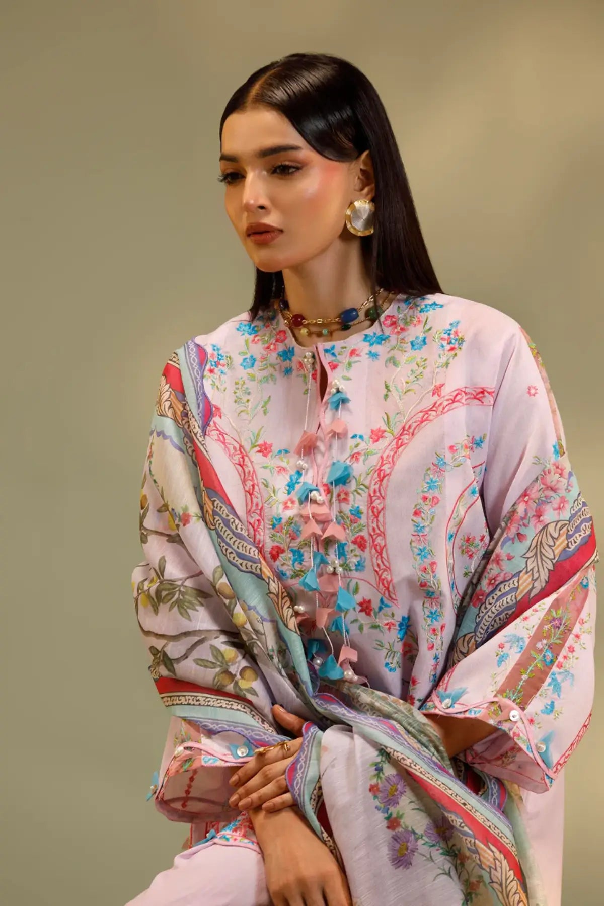 M262-011B lilac Sana Safinaz Muzlin stitched 3PC suit with embroidered chambray shirt and printed poly cotton dupatta