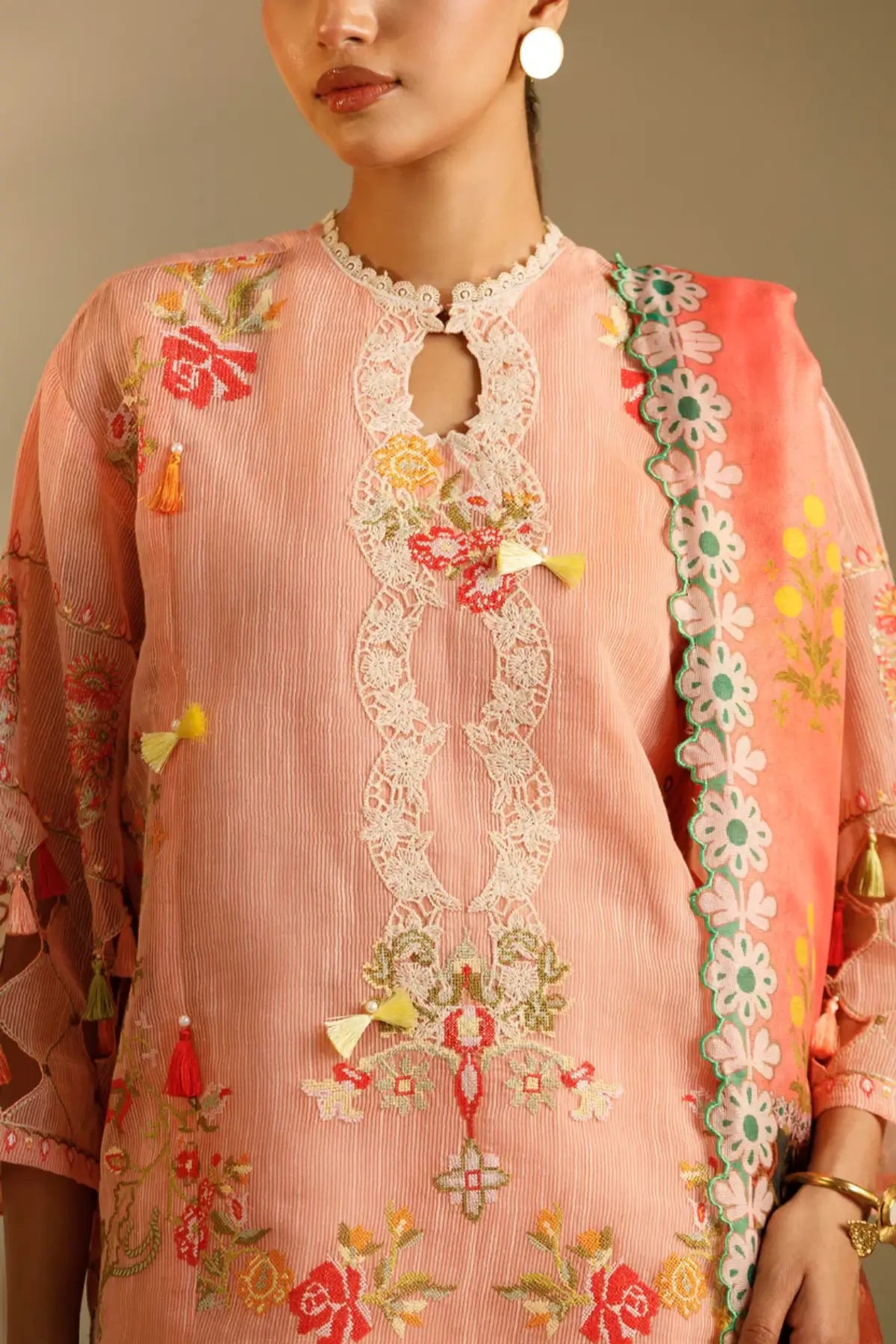 M262-019B peach embroidered Muzlin 3PC suit by Sana Safinaz