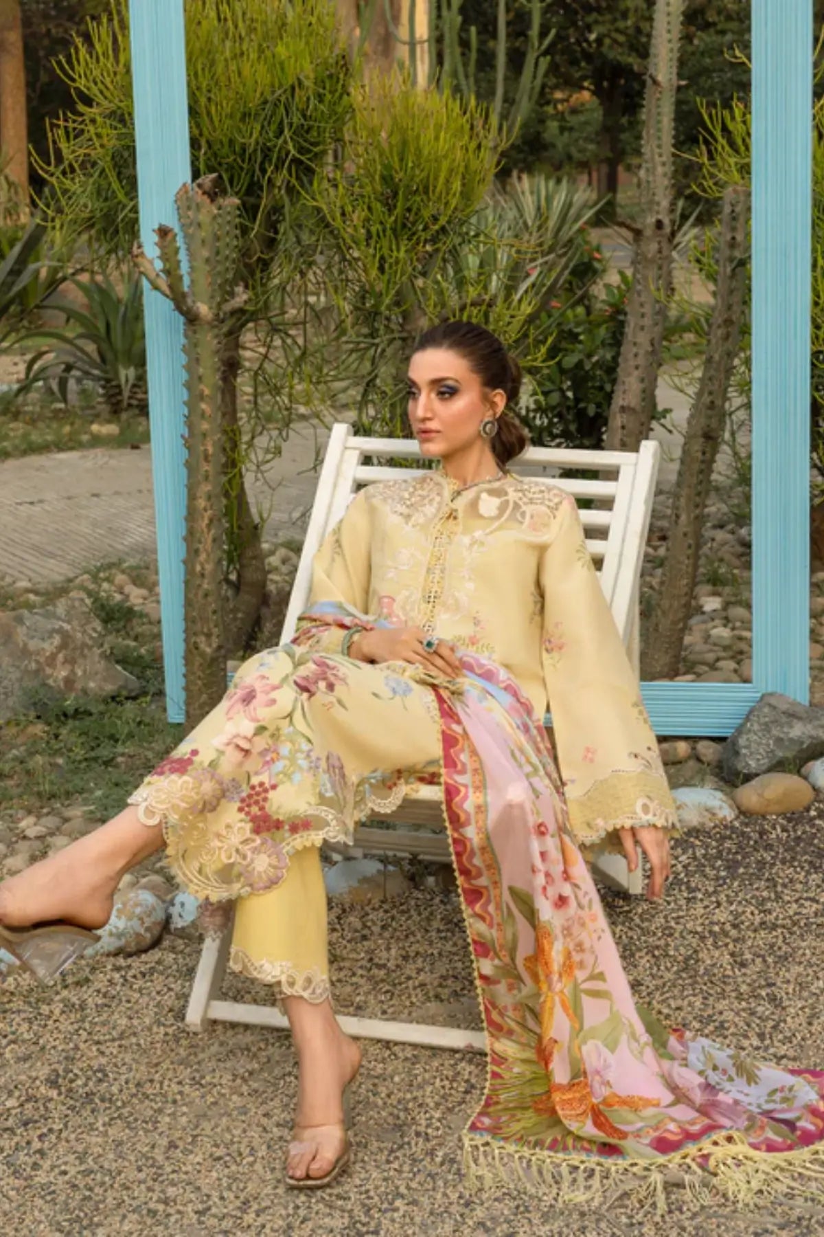 MAELLE 1A yellow Saira Shakira Bloom lawn stitched 3PC suit with silk dupatta