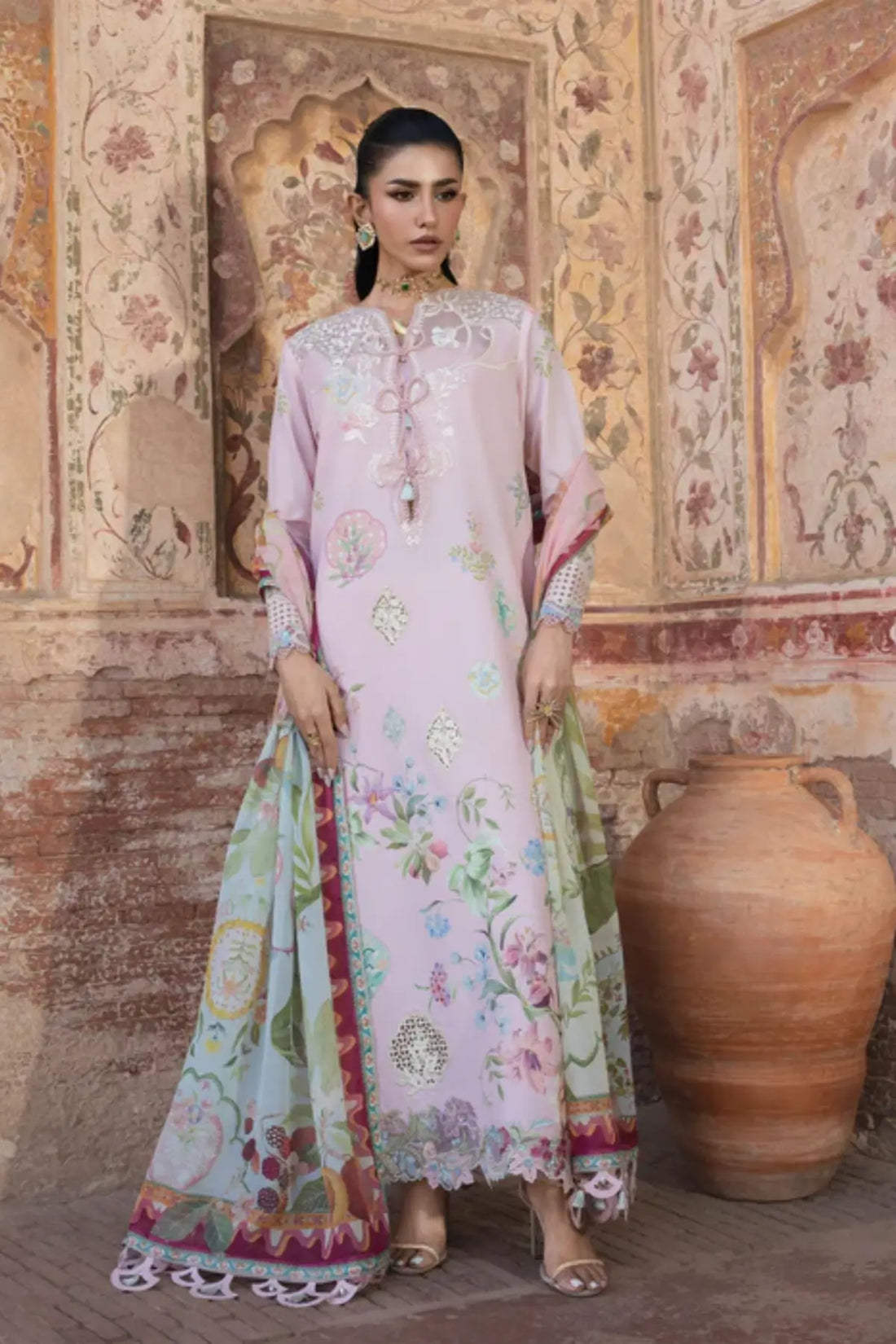 MAELLE 1B pink Saira Shakira Bloom lawn stitched 3PC suit with silk dupatta