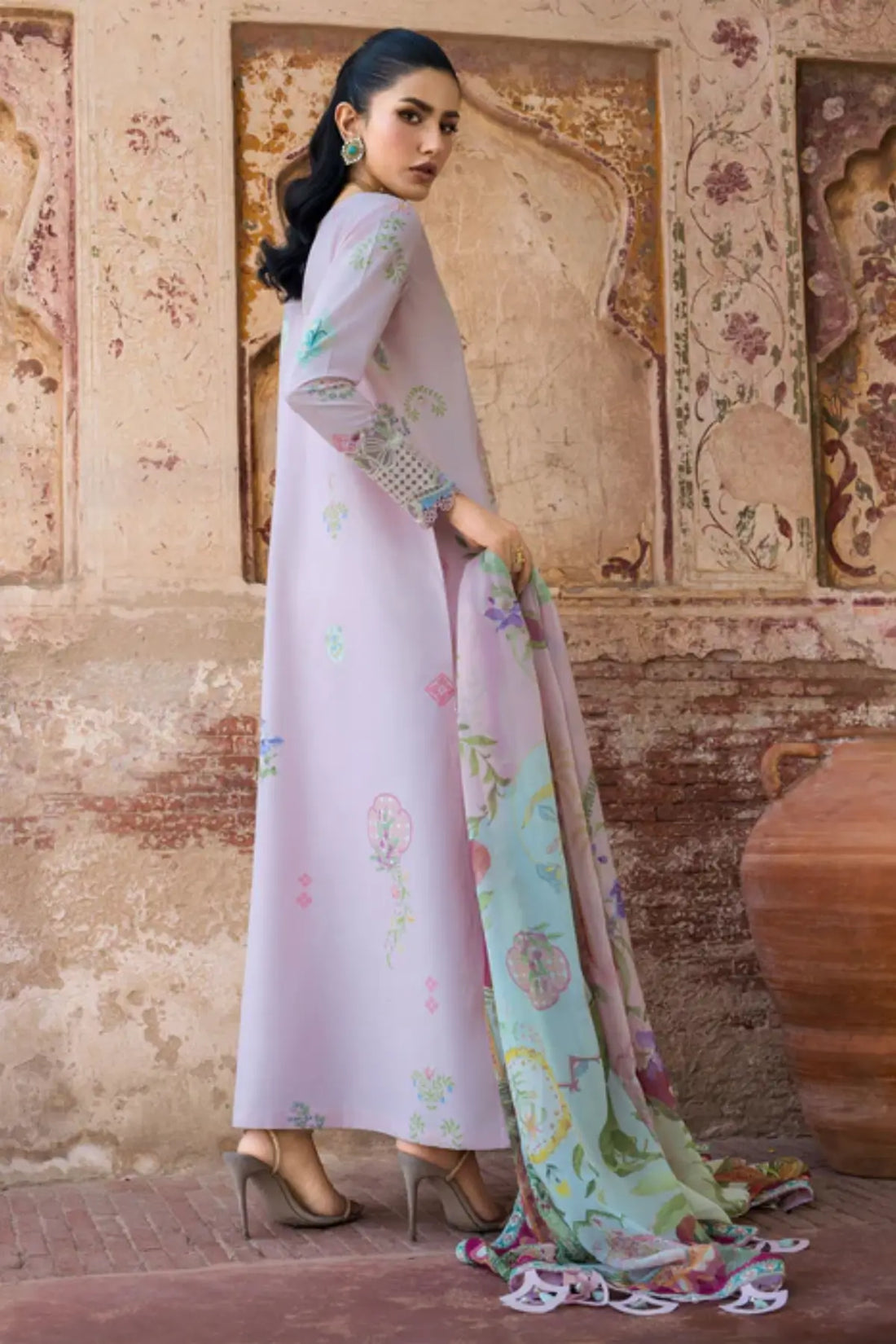 MAELLE 1B pink Saira Shakira Bloom lawn stitched 3PC suit with silk dupatta