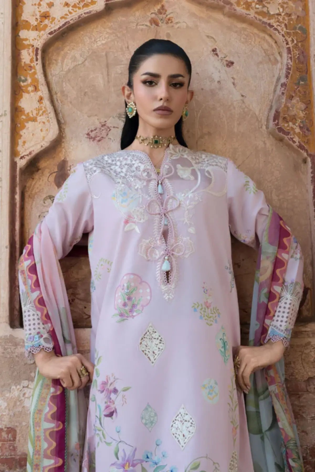 MAELLE 1B pink Saira Shakira Bloom lawn stitched 3PC suit with silk dupatta