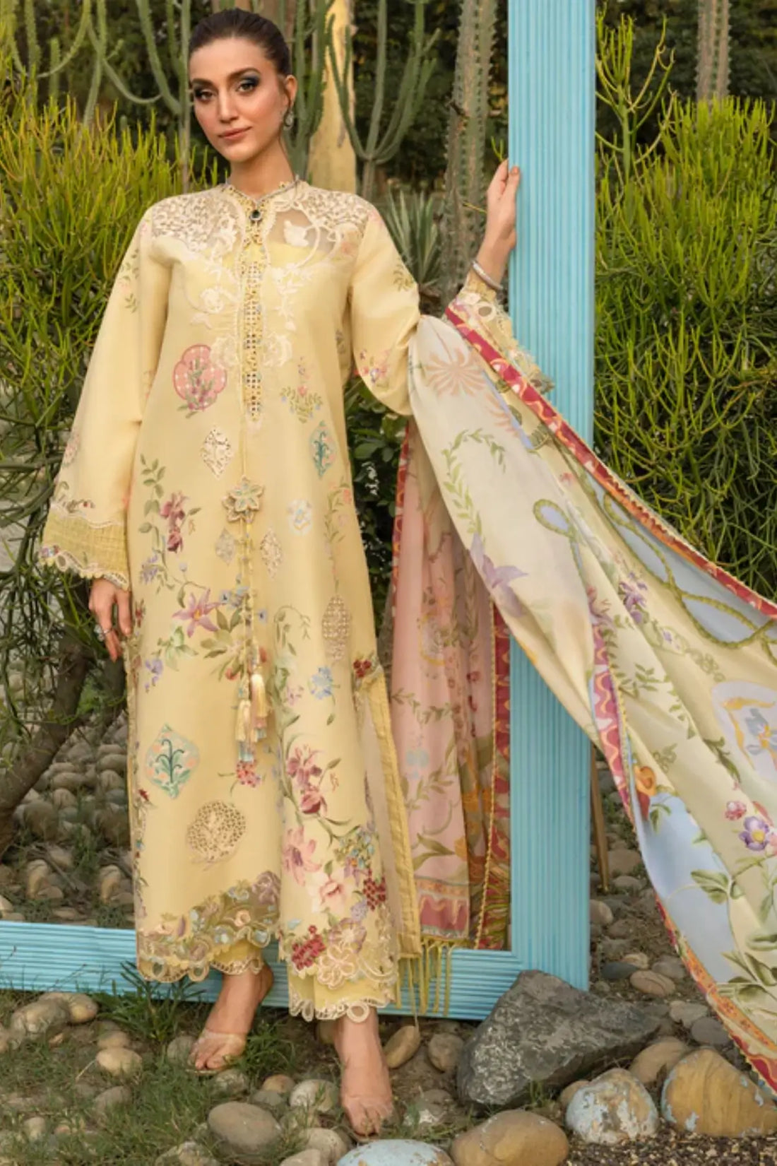 MAELLE 1A yellow Saira Shakira Bloom lawn stitched 3PC suit with silk dupatta