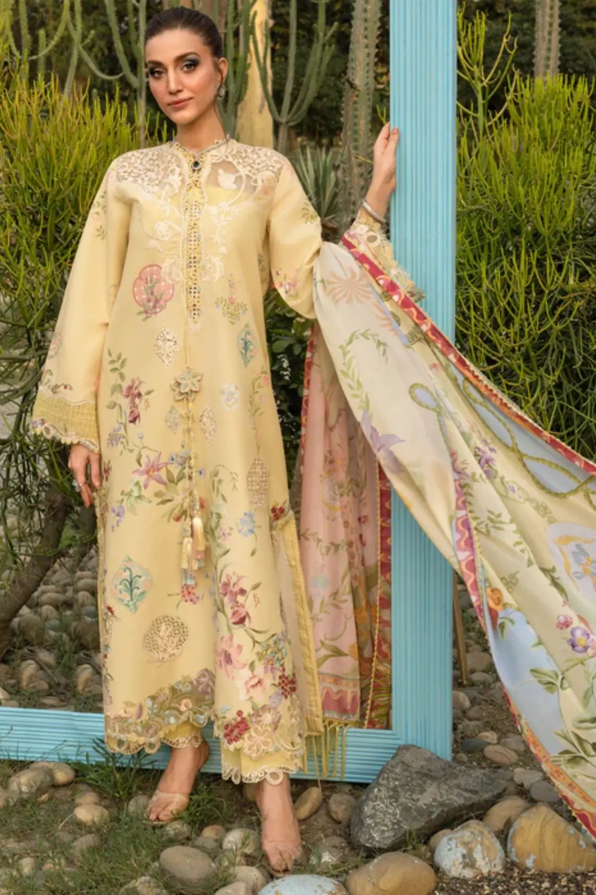 MAELLE 1A yellow Saira Shakira Bloom lawn stitched 3PC suit with silk dupatta