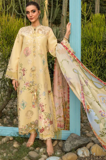 MAELLE 1A yellow Saira Shakira Bloom lawn stitched 3PC suit with silk dupatta