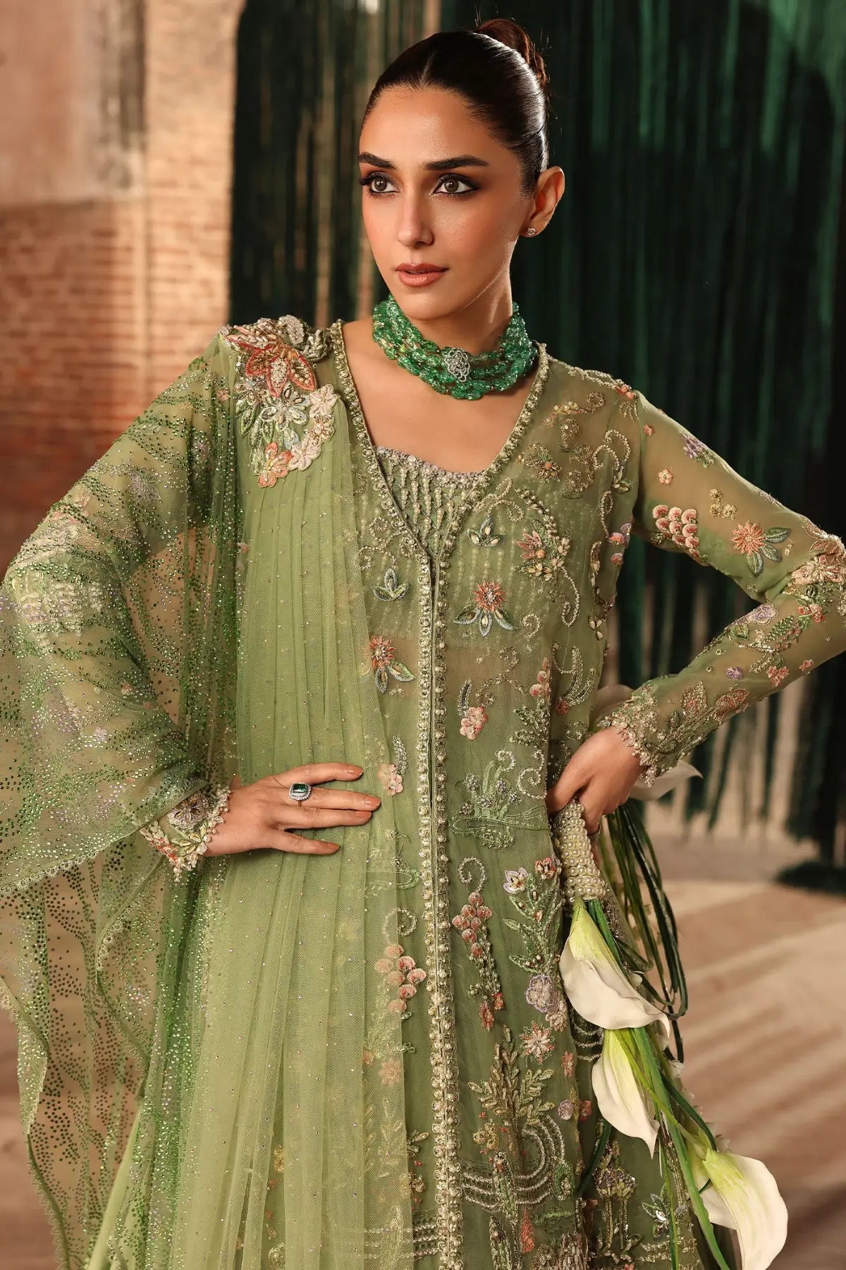 Crimson MATWALI JHILMIL mint luxury stitched suit with sequin embroidery and silk lower