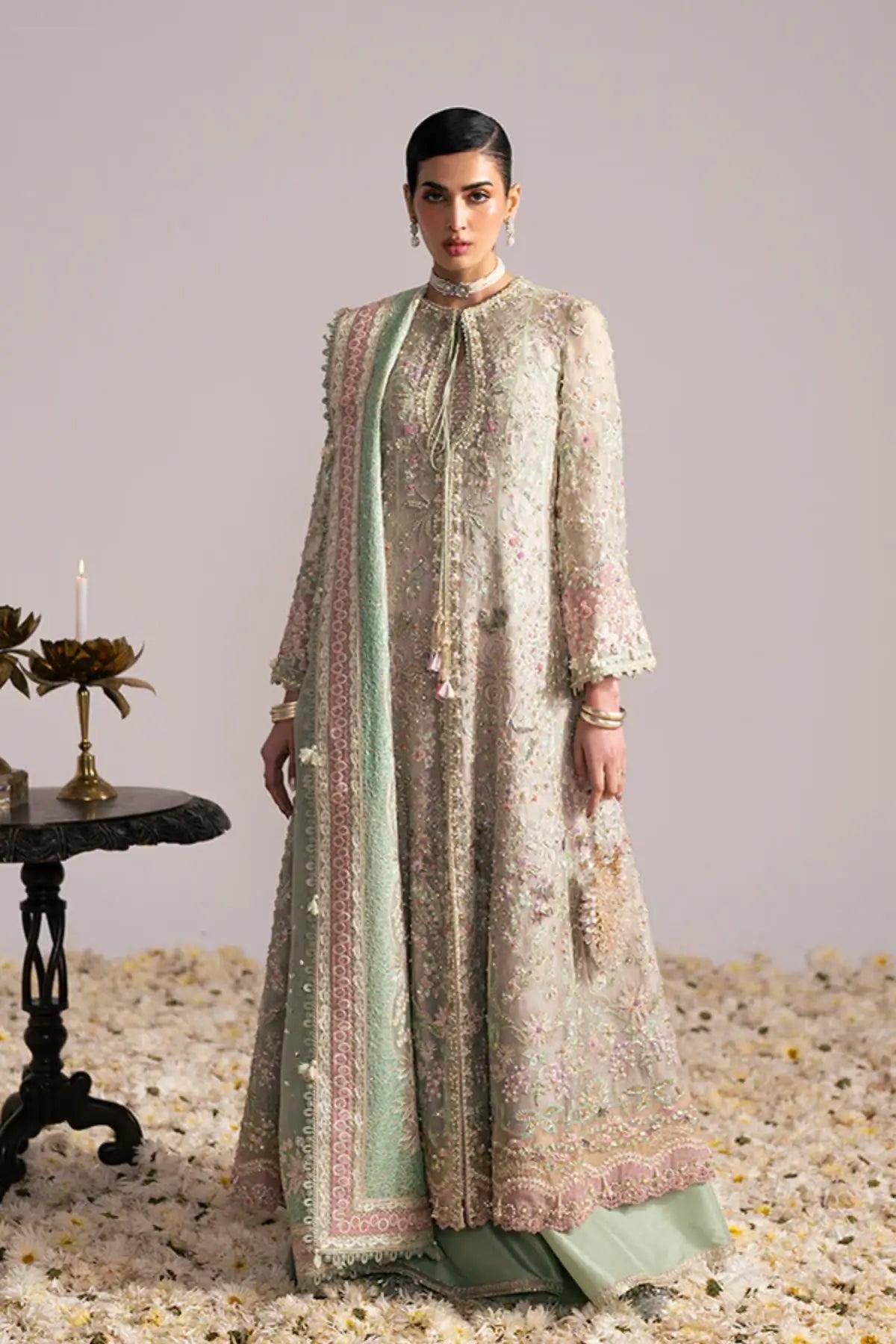 MEHTAB by Suffuse ivory stitched organza long shirt with embroidered dupatta and silk trousers for wedding formal wear