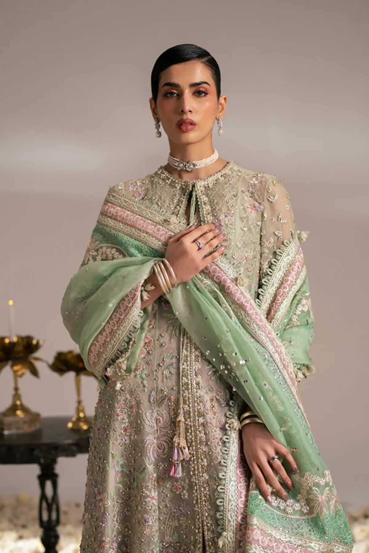 MEHTAB by Suffuse ivory stitched organza long shirt with embroidered dupatta and silk trousers for wedding formal wear